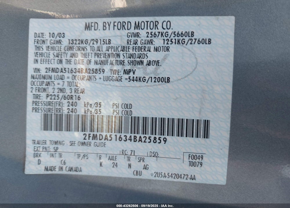 2004 FORD FREESTAR SE VIN: 2FMDA51634BA25859