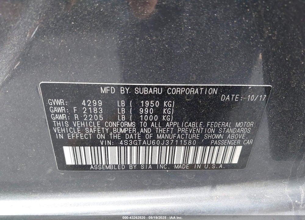 2018 SUBARU IMPREZA VIN: 4S3GTAU60J3711580