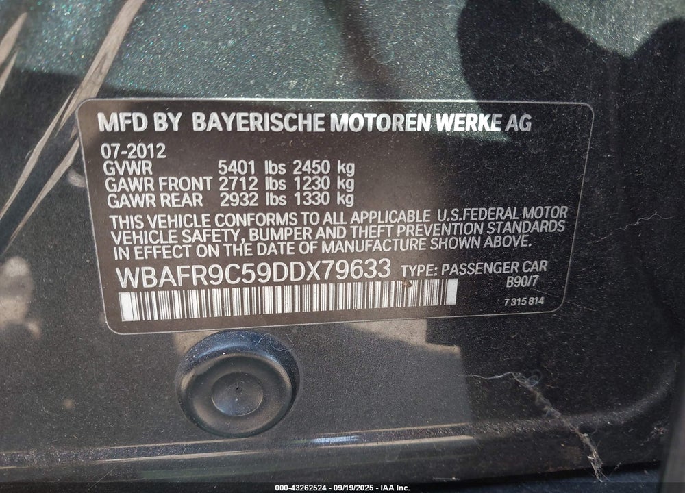 2013 BMW 5 SERIES VIN: WBAFR9C59DDX79633