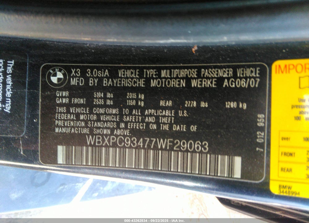 2007 BMW X3 VIN: WBXPC93477WF29063