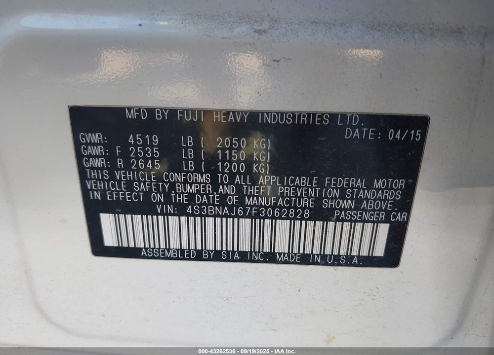 2015 SUBARU LEGACY VIN: 4S3BNAJ67F3062828