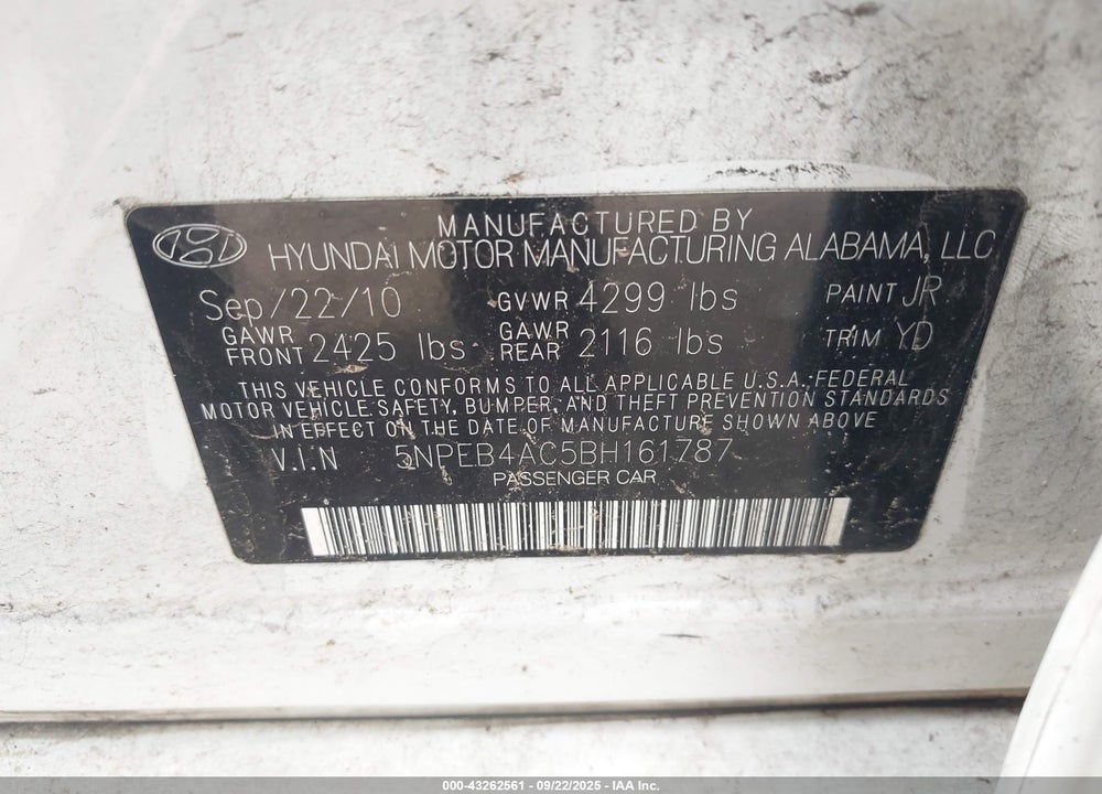 2011 HYUNDAI SONATA VIN: 5NPEB4AC5BH161787