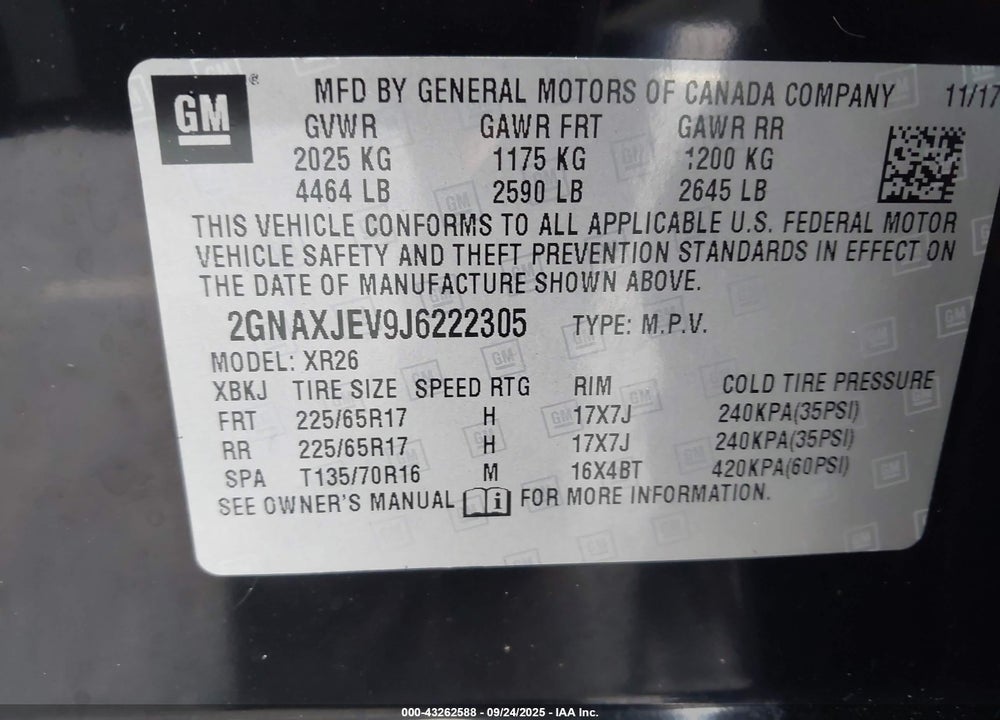 2018 CHEVROLET EQUINOX VIN: 2GNAXJEV9J6222305