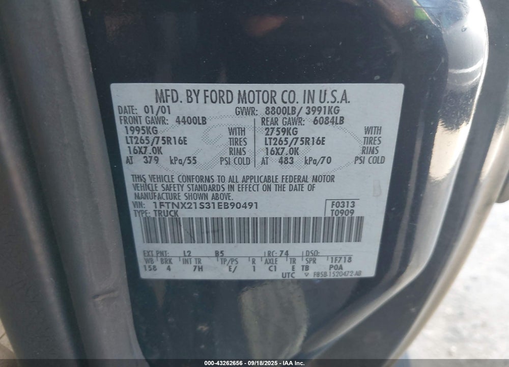 2001 FORD F-250 LARIAT/XL/XLT VIN: 1FTNX21S31EB90491