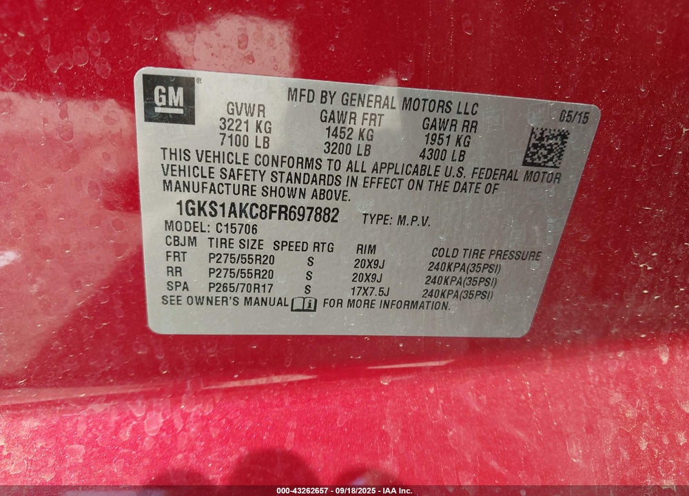 2015 GMC YUKON SLE VIN: 1GKS1AKC8FR697882
