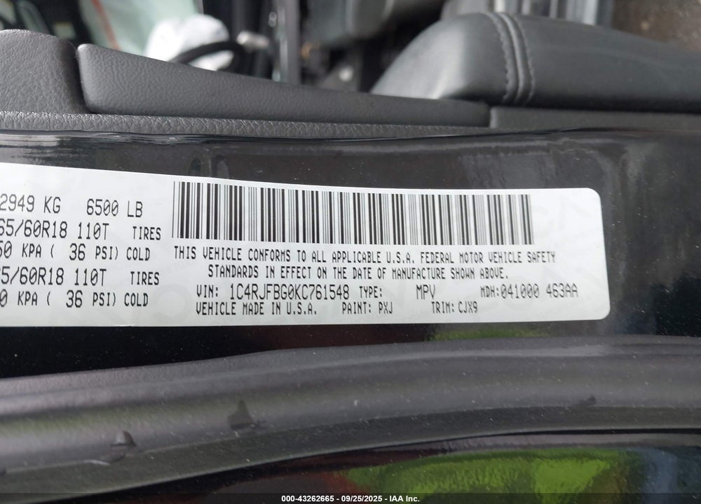 2019 JEEP GRAND CHEROKEE VIN: 1C4RJFBG0KC761548