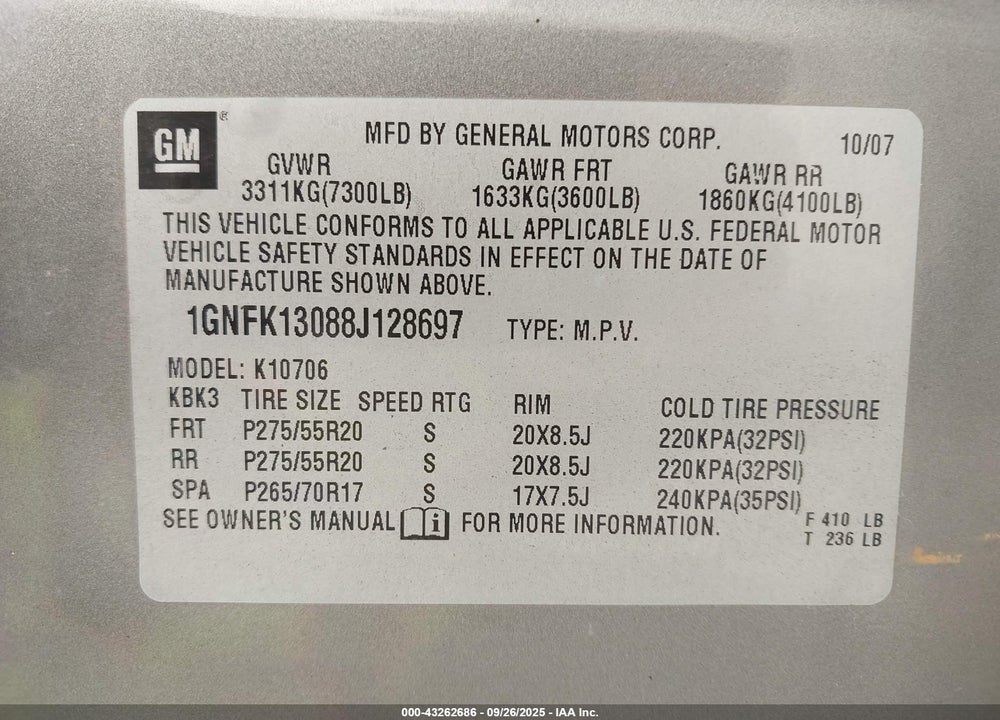 2008 CHEVROLET TAHOE LTZ VIN: 1GNFK13088J128697