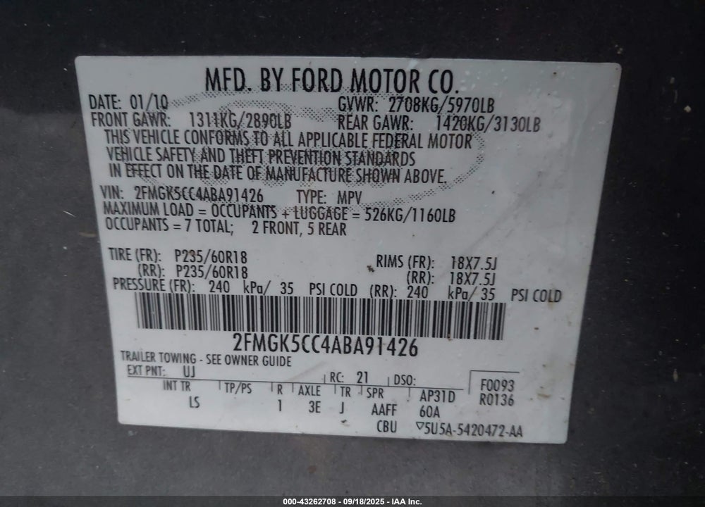 2010 FORD FLEX SEL VIN: 2FMGK5CC4ABA91426
