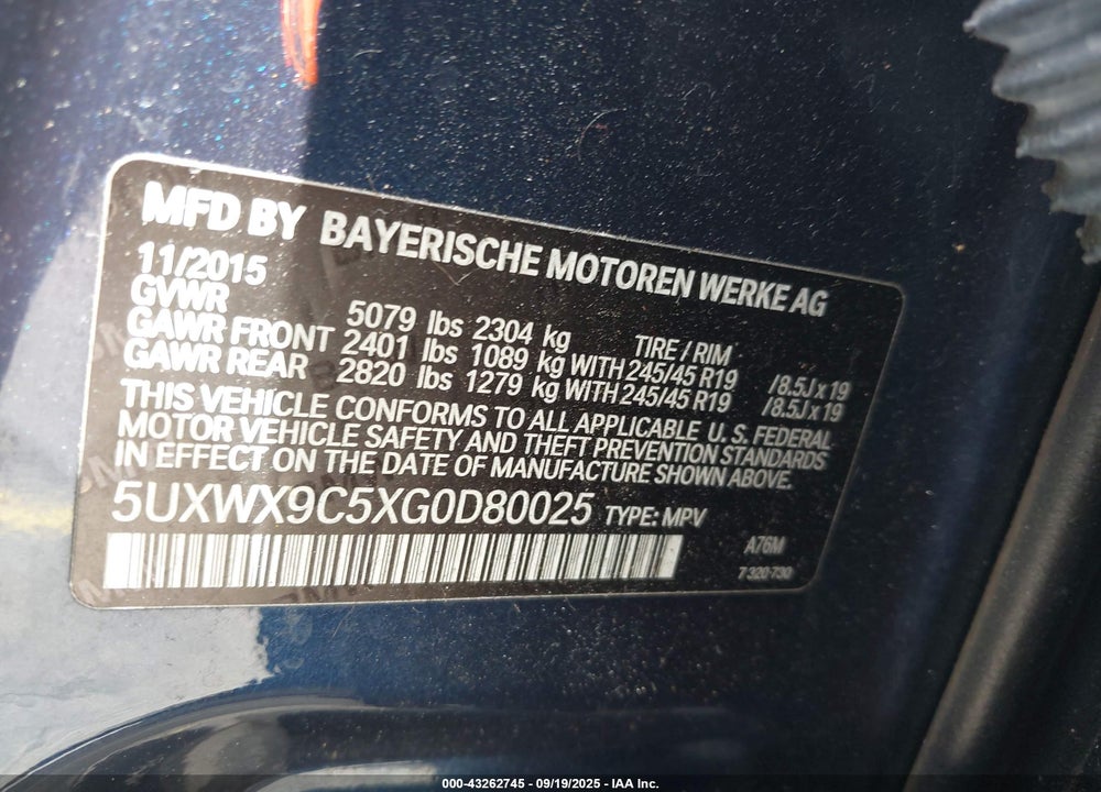 2016 BMW X3 XDRIVE28I VIN: 5UXWX9C5XG0D80025