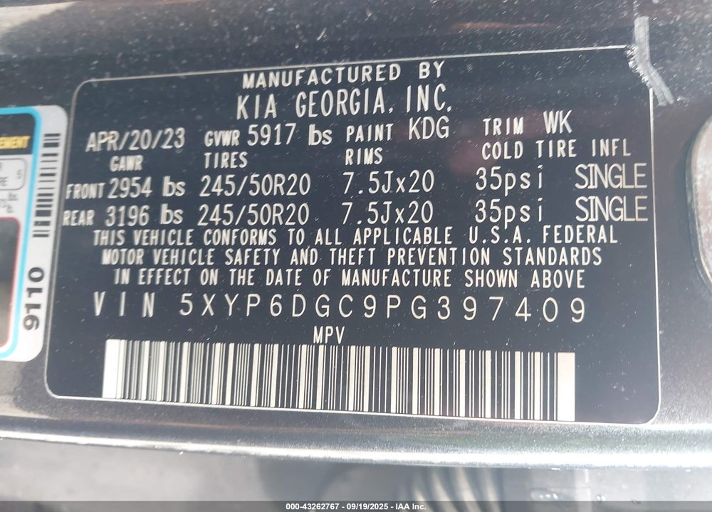 2023 KIA TELLURIDE VIN: 5XYP6DGC9PG397409