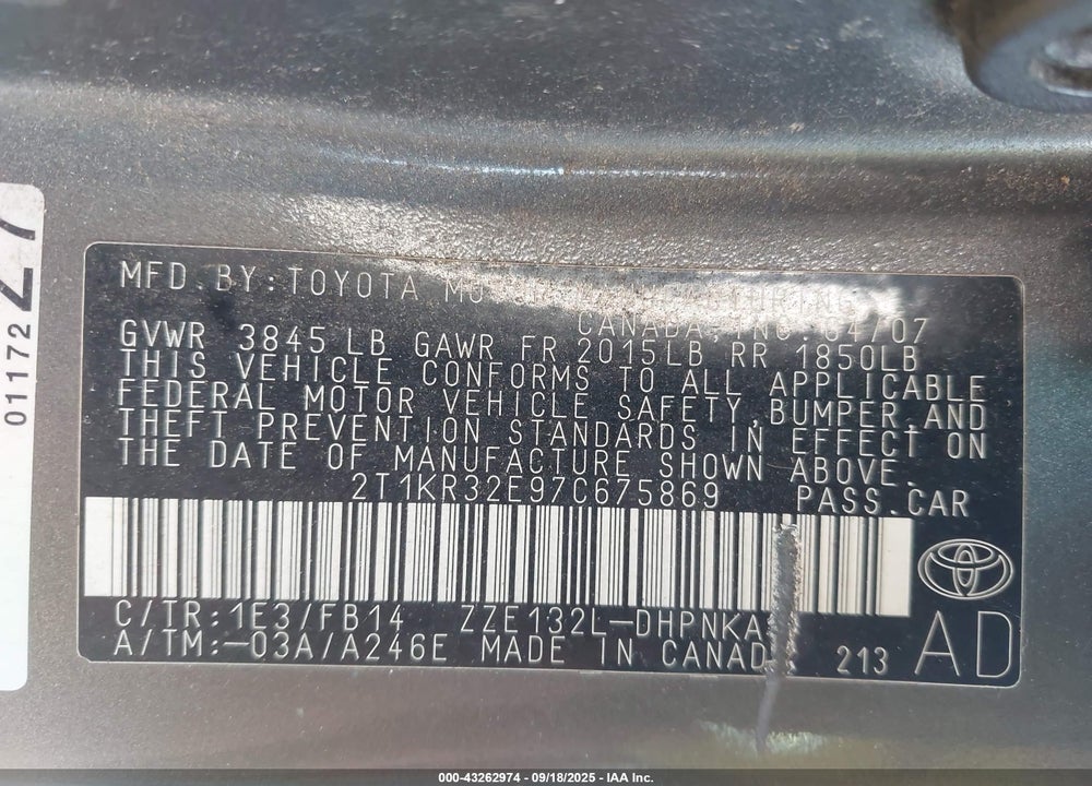 2007 TOYOTA MATRIX VIN: 2T1KR32E97C675869