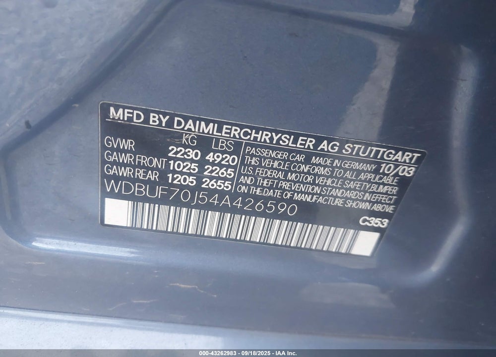 2004 MERCEDES-BENZ E 500 VIN: WDBUF70J54A426590