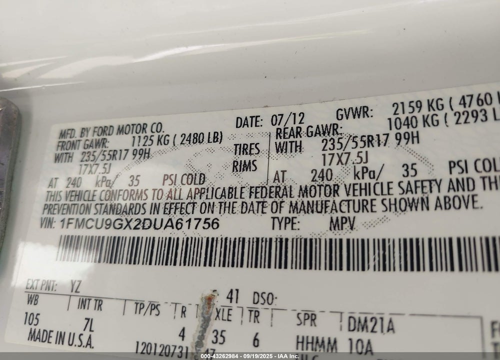 2013 FORD ESCAPE SE VIN: 1FMCU9GX2DUA61756
