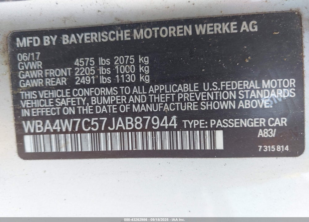 2018 BMW 4 SERIES VIN: WBA4W7C57JAB87944