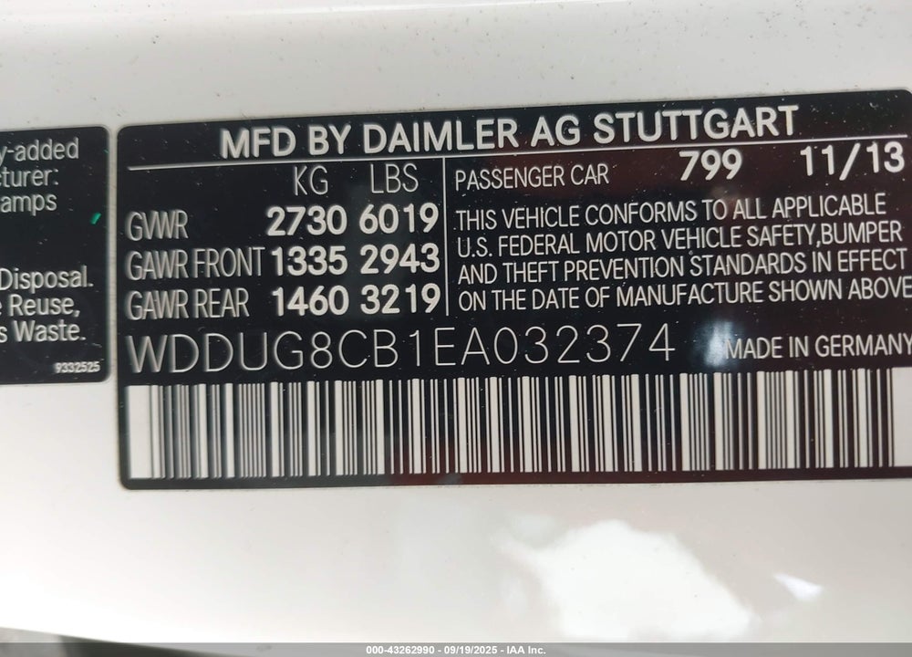 2014 MERCEDES-BENZ S CLASS VIN: WDDUG8CB1EA032374