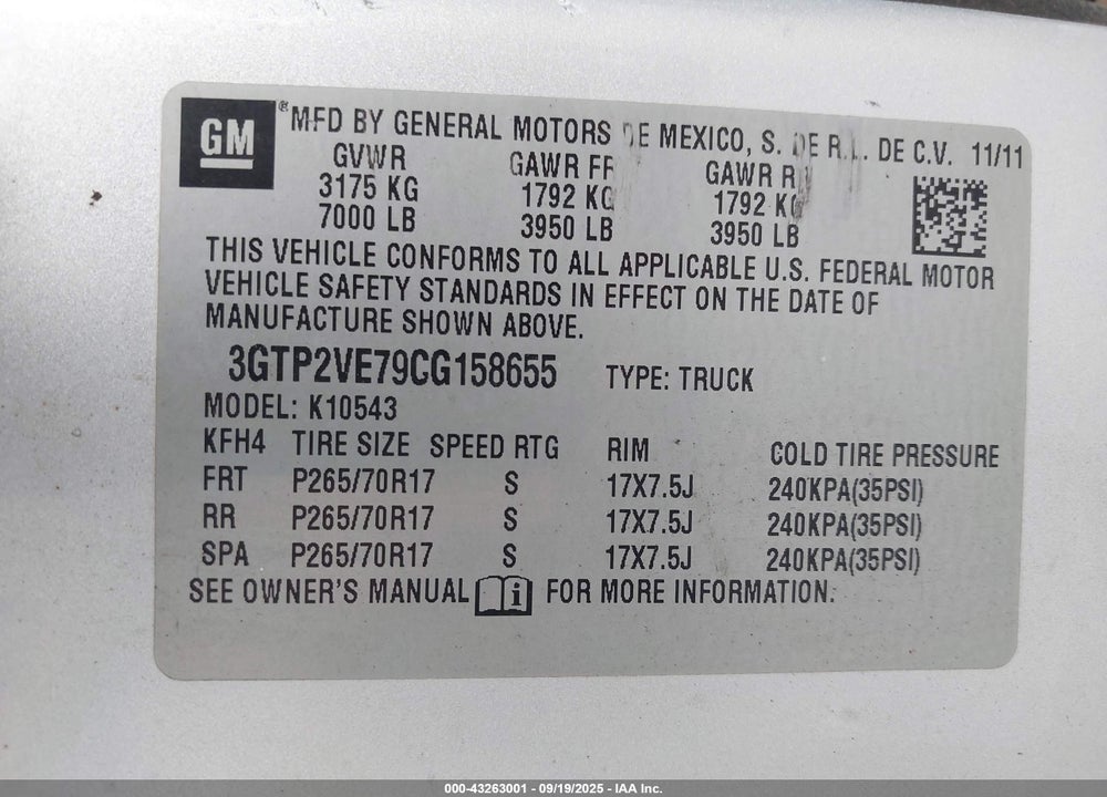2012 GMC SIERRA 1500 VIN: 3GTP2VE79CG158655