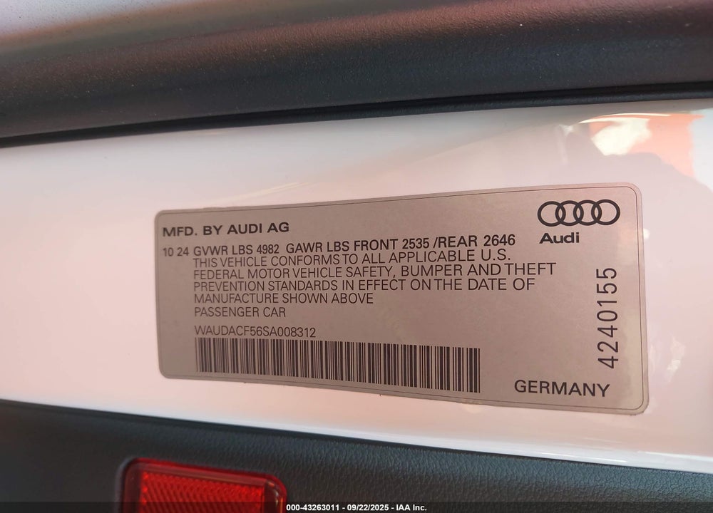 2025 AUDI A5 SPORTBACK PREMIUM 45 TFSI S LINE QUATTRO S TRONIC VIN: WAUDACF56SA008312