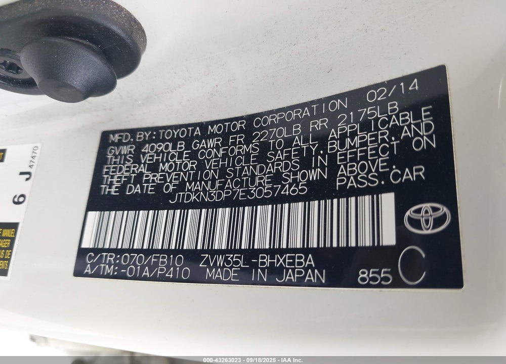 2014 TOYOTA PRIUS PLUG-IN VIN: JTDKN3DP7E3057465