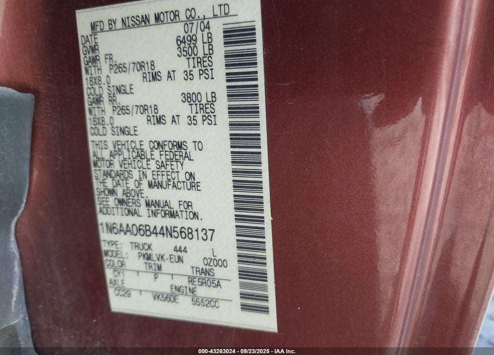 2004 NISSAN TITAN LE VIN: 1N6AA06B44N568137