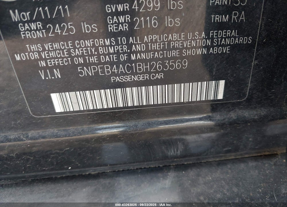 2011 HYUNDAI SONATA GLS VIN: 5NPEB4AC1BH263569