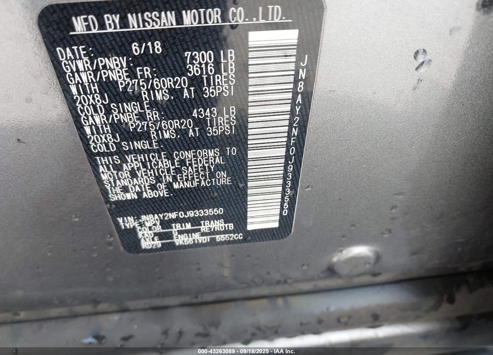 2018 NISSAN ARMADA VIN: JN8AY2NF0J9333550