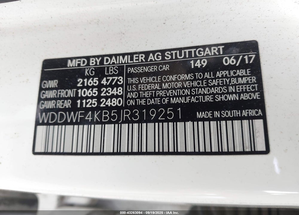 2018 MERCEDES-BENZ C CLASS VIN: WDDWF4KB5JR319251