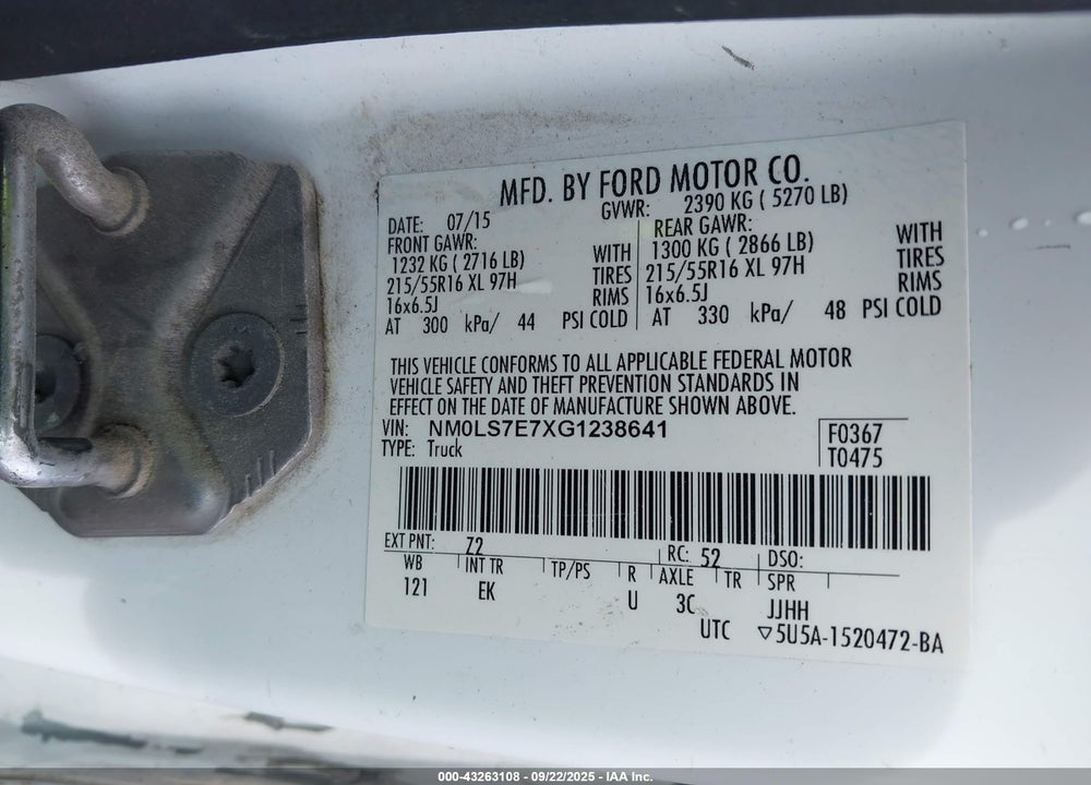 2016 FORD TRANSIT CONNECT XL VIN: NM0LS7E7XG1238641