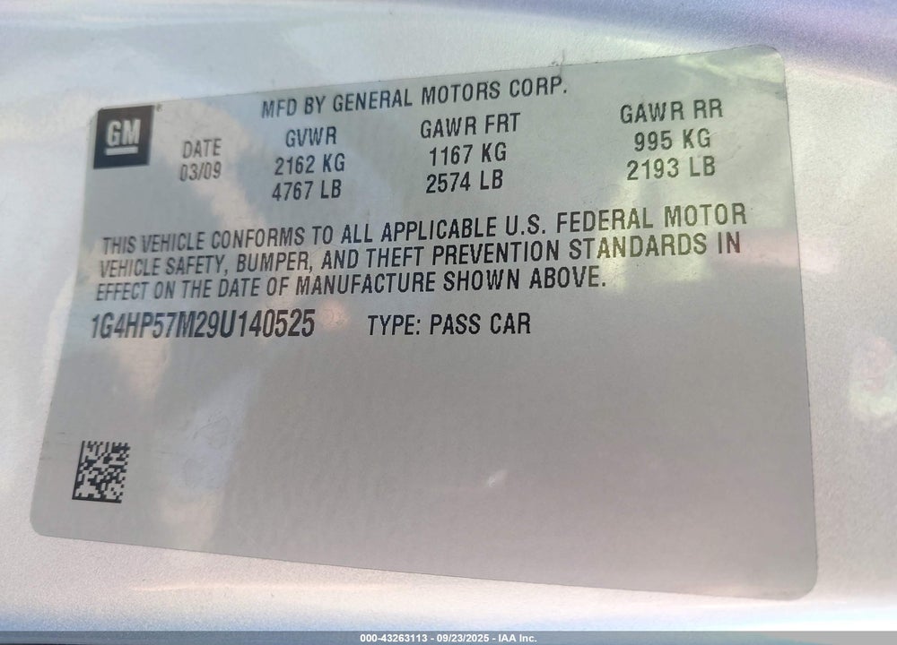 2009 BUICK LUCERNE VIN: 1G4HP57M29U140525