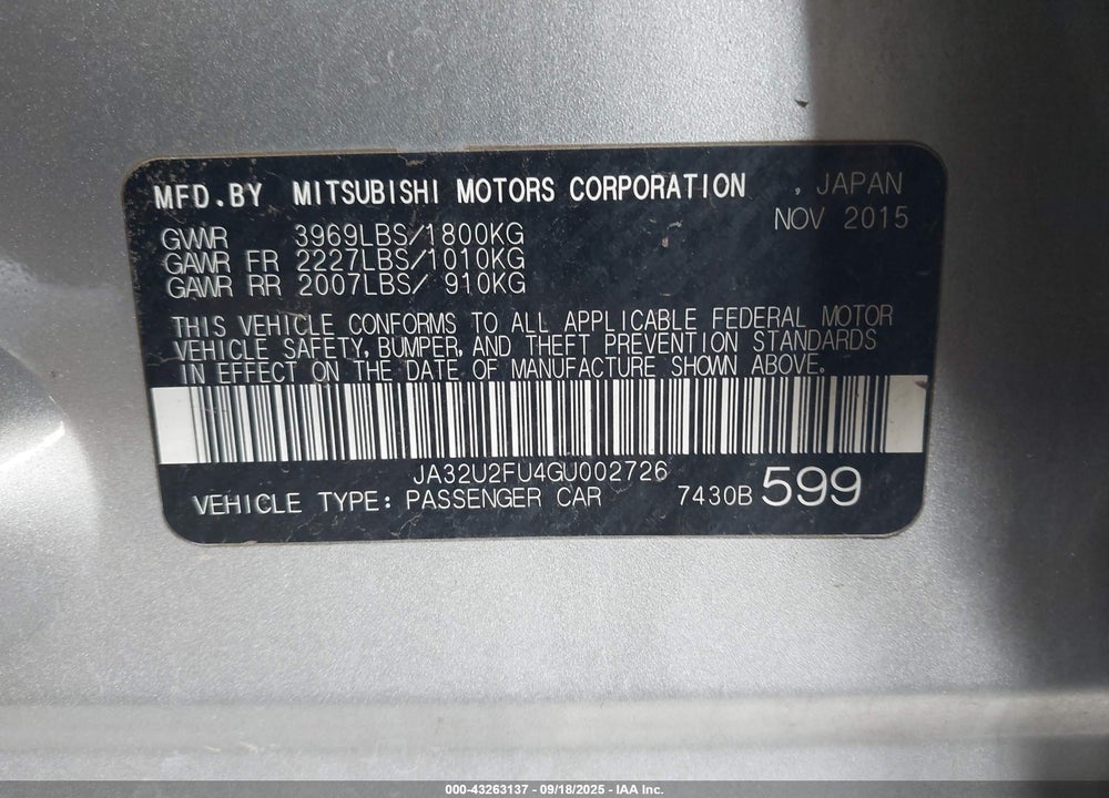 2016 MITSUBISHI LANCER VIN: JA32U2FU4GU002726
