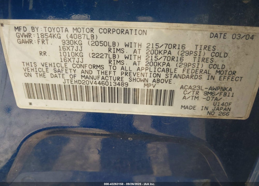 2004 TOYOTA RAV4 VIN: JTEHD20V446013489