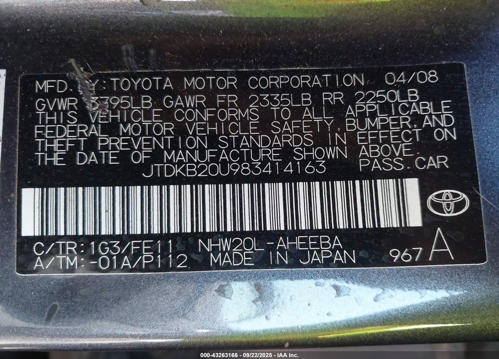 2008 TOYOTA PRIUS VIN: JTDKB20U983414163