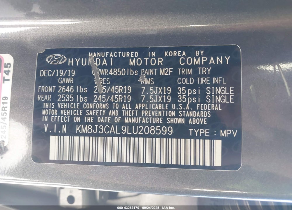 2020 HYUNDAI TUCSON SPORT VIN: KM8J3CAL9LU208599