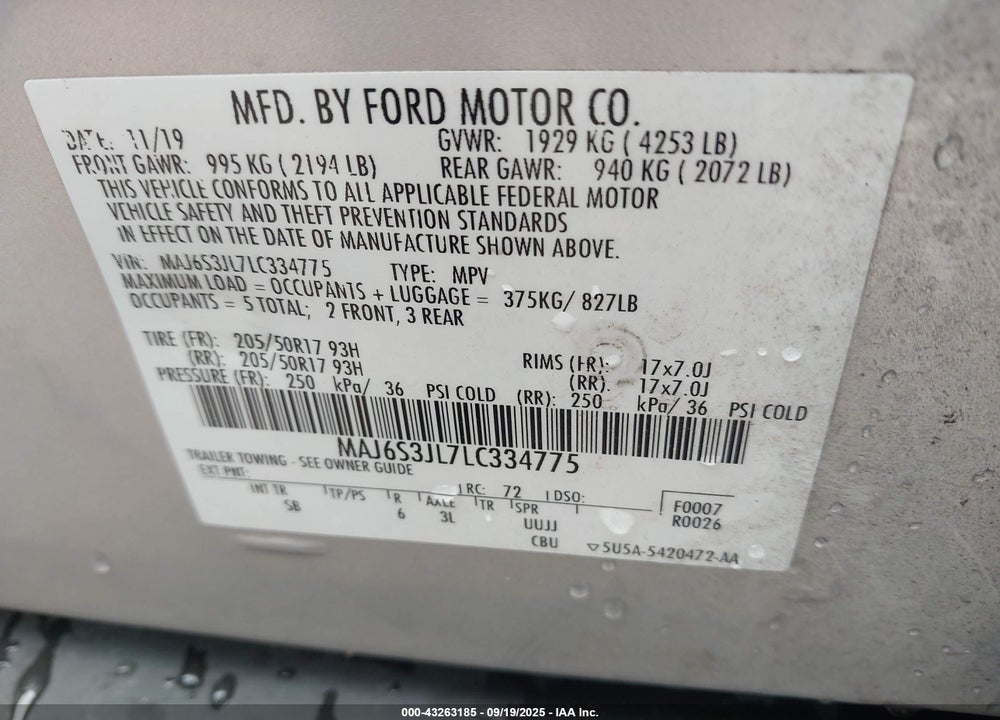 2020 FORD ECOSPORT SES VIN: MAJ6S3JL7LC334775