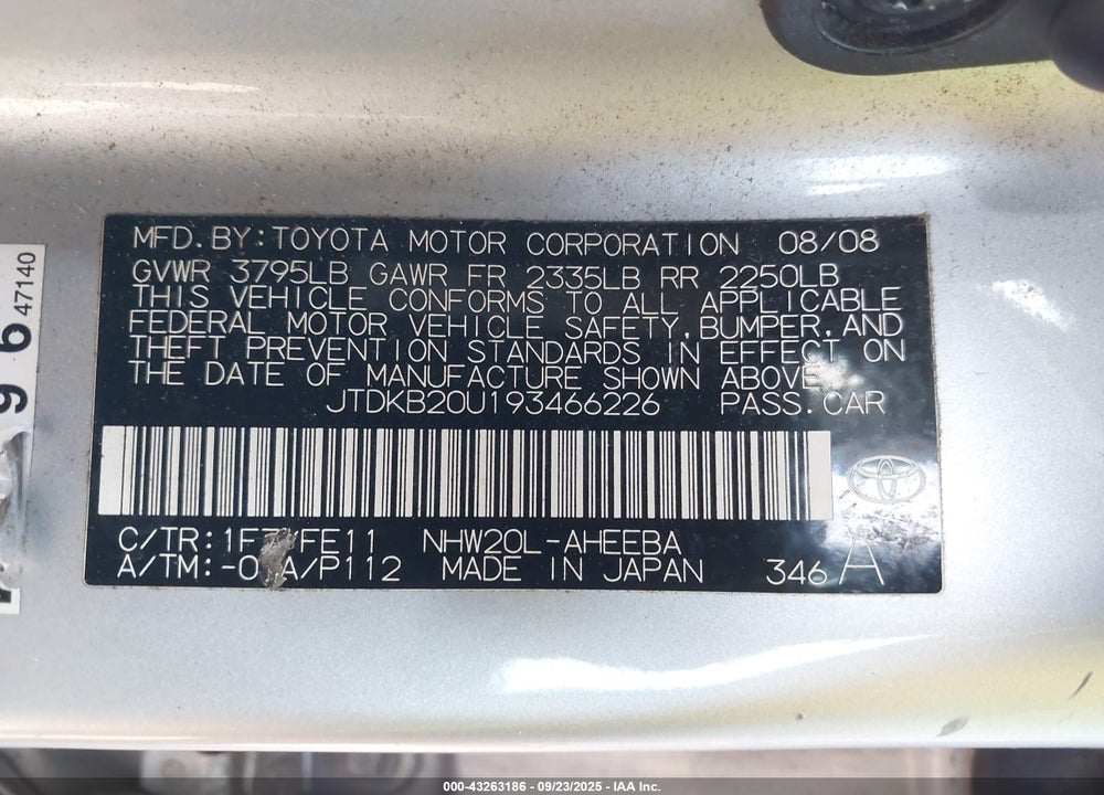 2009 TOYOTA PRIUS VIN: JTDKB20U193466226