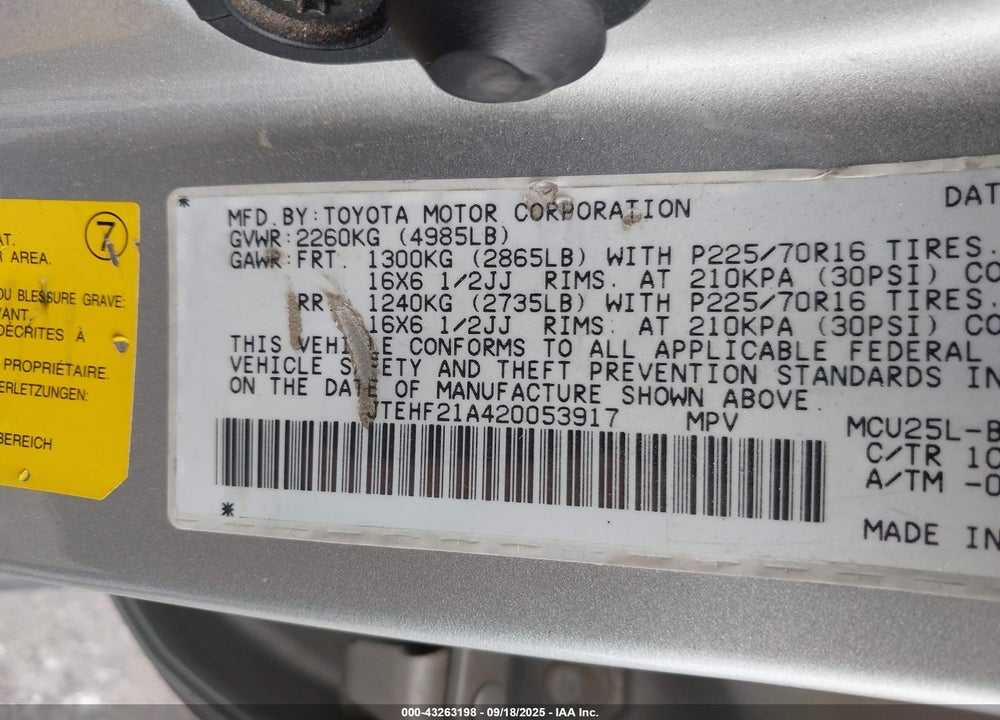 2002 TOYOTA HIGHLANDER LIMITED V6 VIN: JTEHF21A420053917