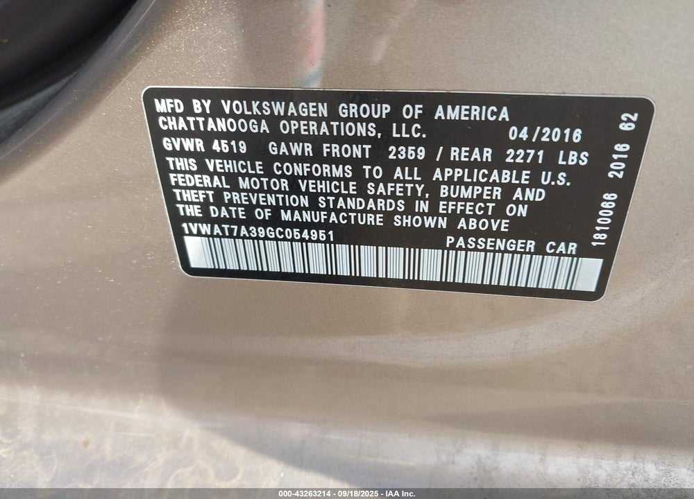 2016 VOLKSWAGEN PASSAT 1.8T S VIN: 1VWAT7A39GC054951
