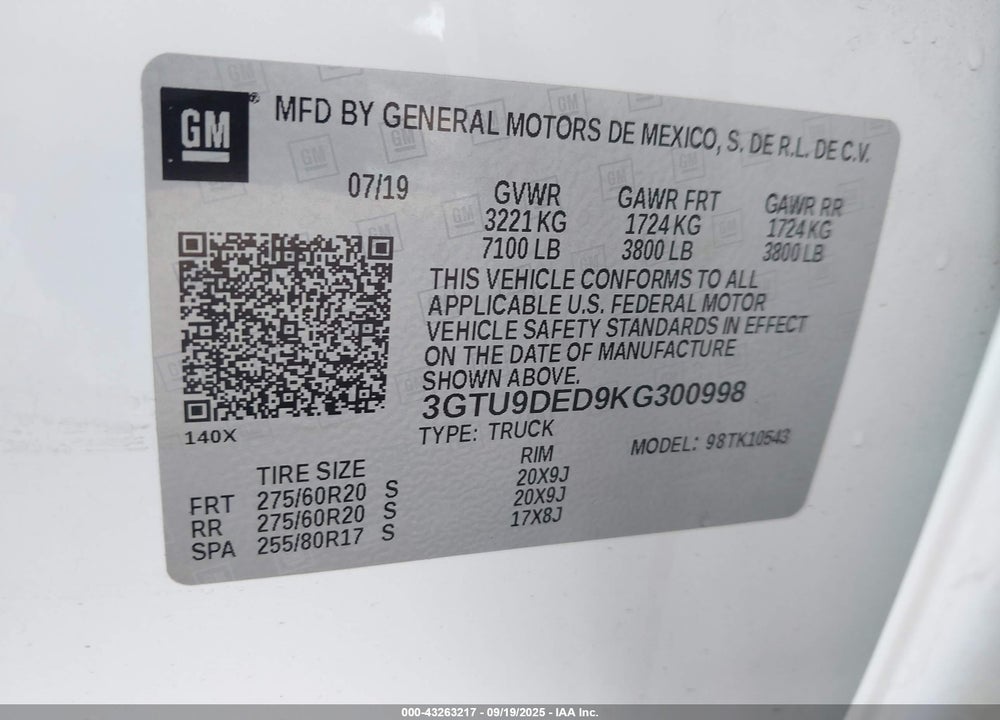 2019 GMC SIERRA 1500 VIN: 3GTU9DED9KG300998