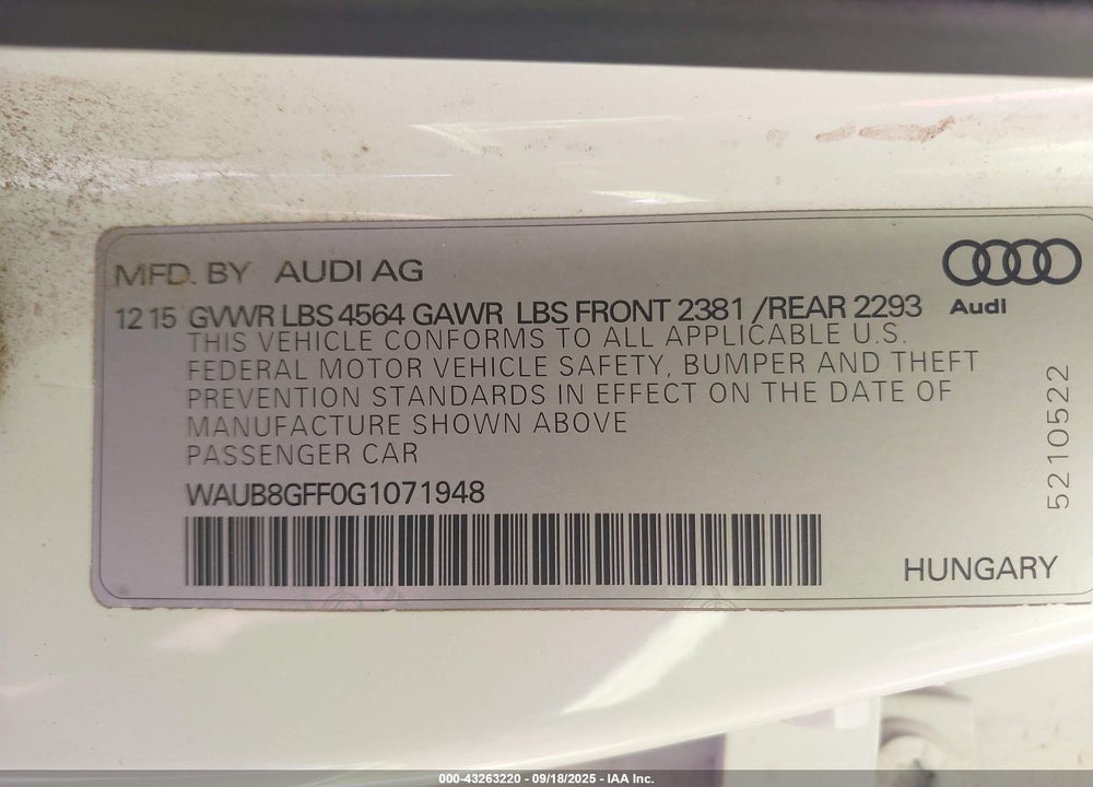 2016 AUDI A3 VIN: WAUB8GFF0G1071948