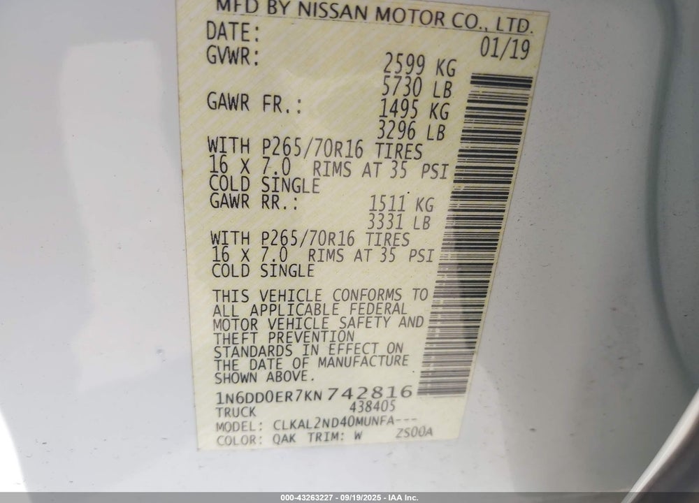 2019 NISSAN FRONTIER VIN: 1N6DD0ER7KN742816