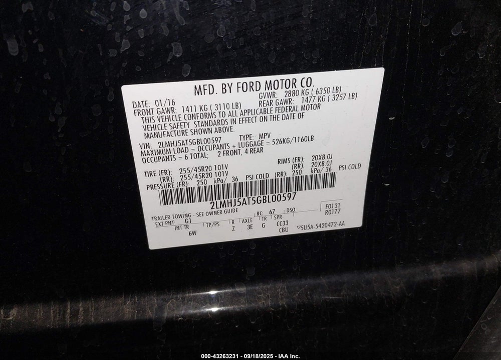 2016 LINCOLN MKT VIN: 2LMHJ5AT5GBL00597