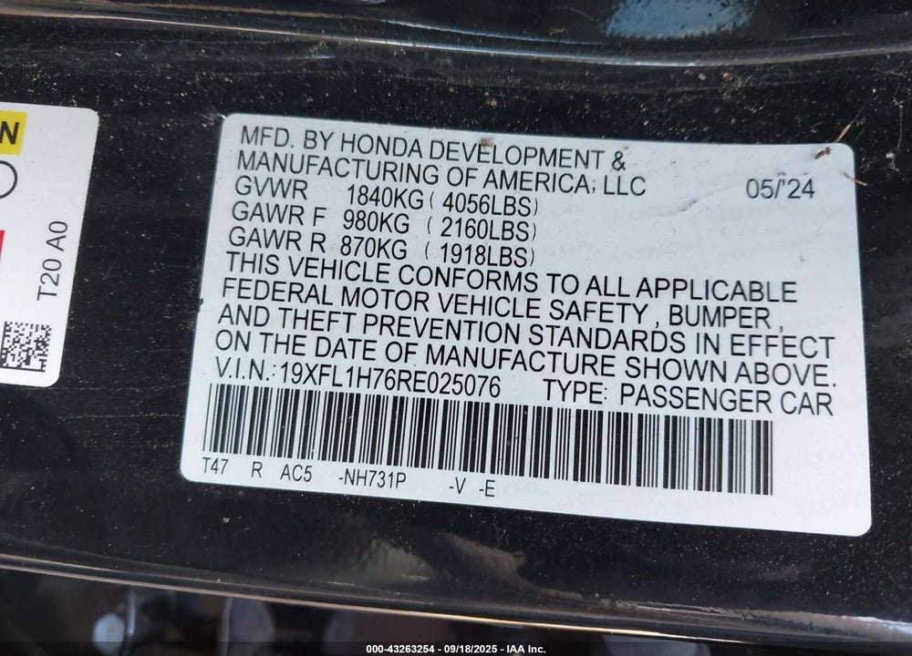 2024 HONDA CIVIC VIN: 19XFL1H76RE025076