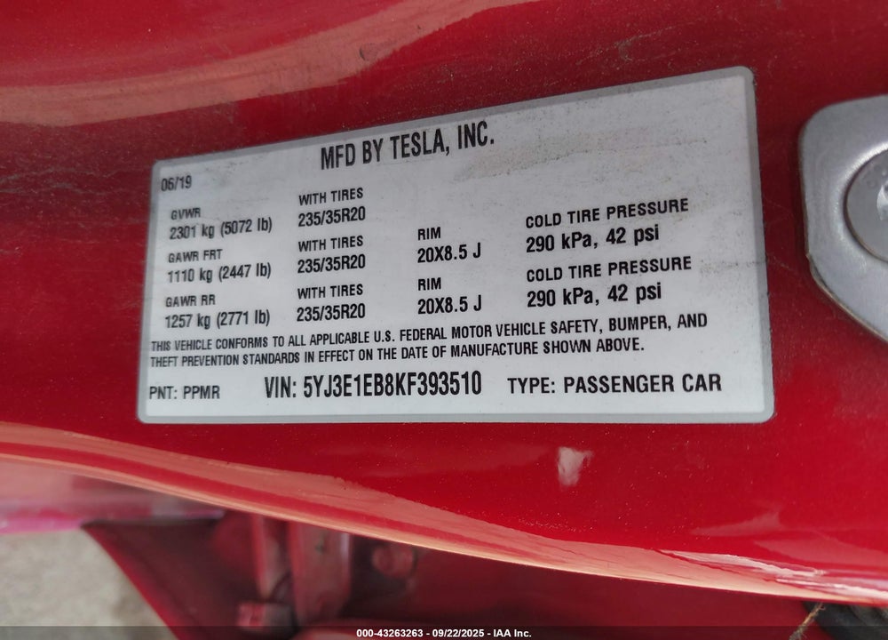 2019 TESLA MODEL 3 LONG RANGE/PERFORMANCE VIN: 5YJ3E1EB8KF393510
