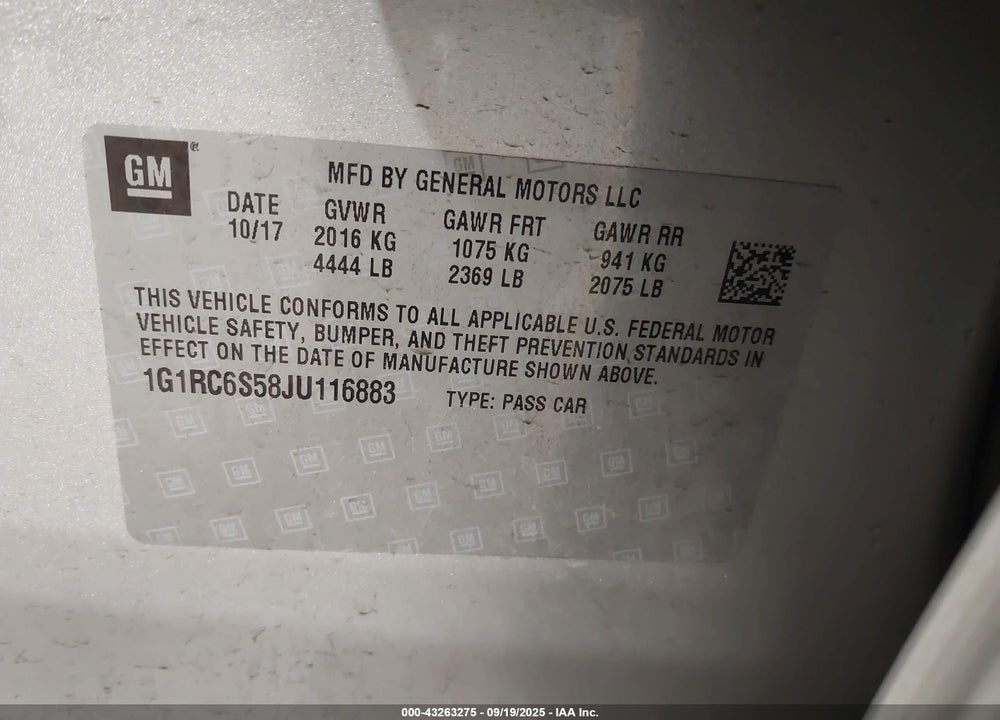 2018 CHEVROLET VOLT LT VIN: 1G1RC6S58JU116883