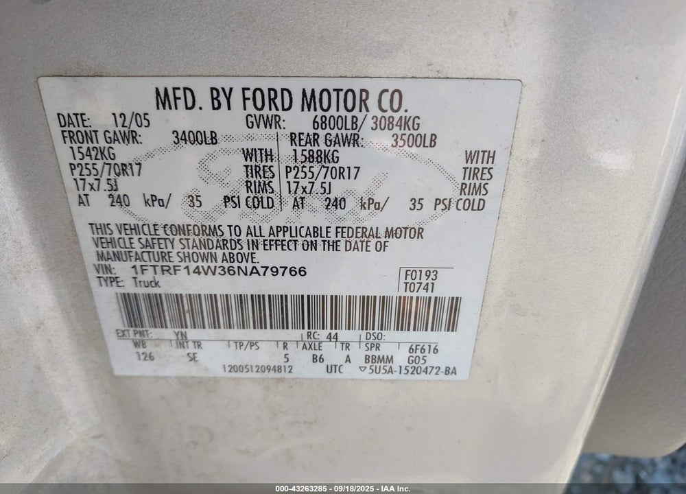 2006 FORD F-150 STX/XL/XLT VIN: 1FTRF14W36NA79766