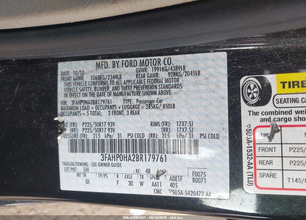 2011 FORD FUSION VIN: 3FAHP0HA2BR179761