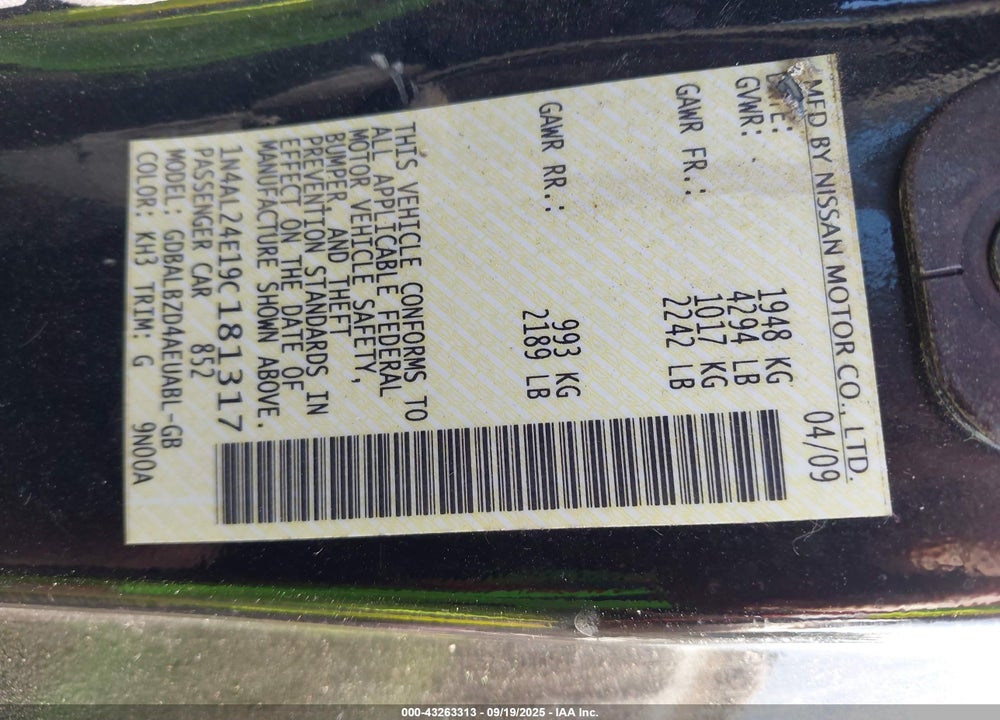 2009 NISSAN ALTIMA VIN: 1N4AL24E19C181317