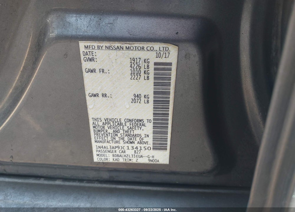 2018 NISSAN ALTIMA VIN: 1N4AL3AP9JC134150