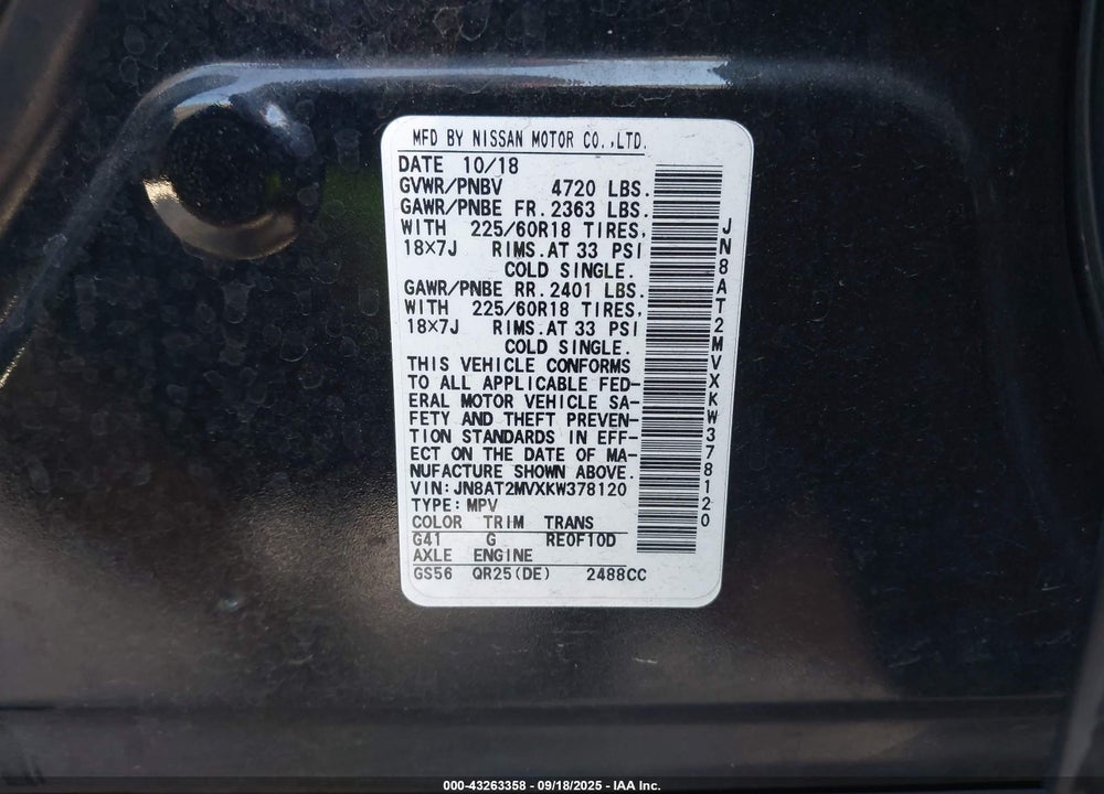 2019 NISSAN ROGUE VIN: JN8AT2MVXKW378120