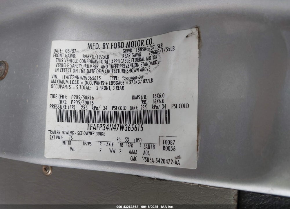 2007 FORD FOCUS S/SE/SES VIN: 1FAFP34N47W365615
