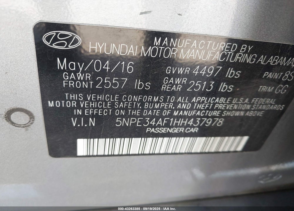 2017 HYUNDAI SONATA SPORT VIN: 5NPE34AF1HH437978